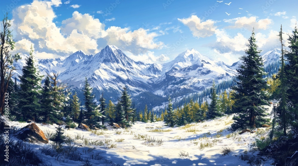 A snowy mountain landscape with pine trees in the foreground and snow-capped peaks in the background. A snowy mountain landscape with pine trees in the foreground and snow-capped peaks in the background.