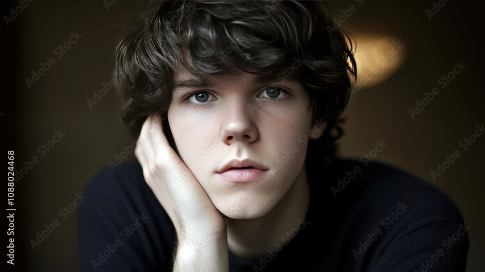 Pensive Young Man with Curly Hair Looking Thoughtfully at the Camera in Soft Lighting, Capturing Emotions and Depth of Character in a Portrait Setting Pensive Young Man with Curly Hair Looking Thoughtfully at the Camera in Soft Lighting, Capturing Emotions and Depth of Character in a Portrait Setting