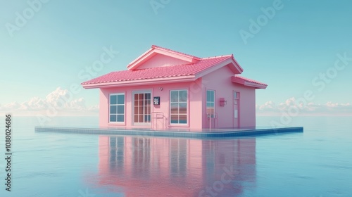 A surreal pink house floating on calm water under a blue sky.