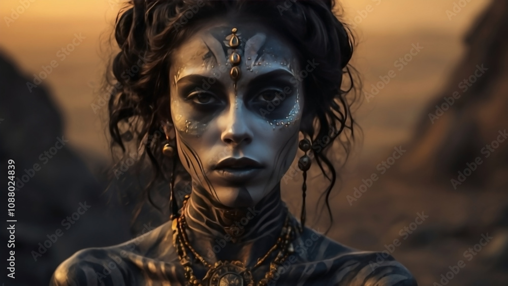 A mystical woman adorned with tribal face paint and jewelry stands in a majestic desert landscape. Her expression is intense, evoking a sense of mystery and ancient symbolism. A mystical woman adorned with tribal face paint and jewelry stands in a majestic desert landscape. Her expression is intense, evoking a sense of mystery and ancient symbolism.