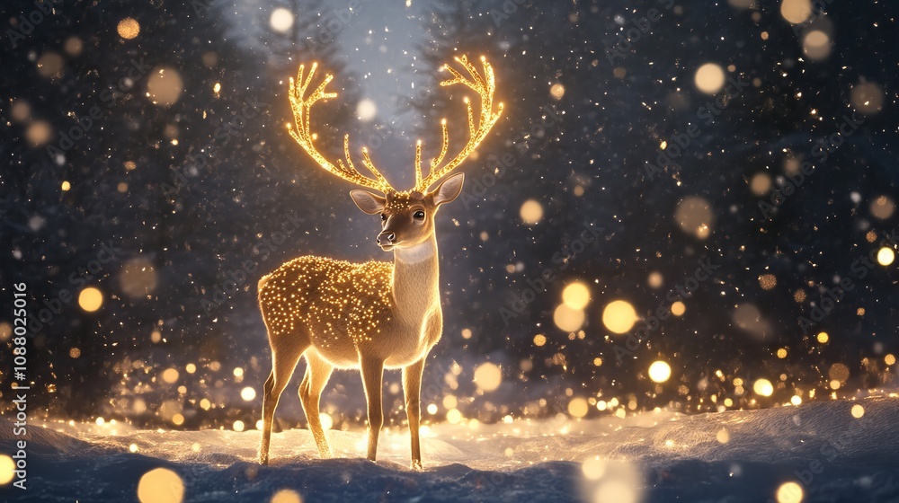 Magical Christmas Reindeer with Lights in Snowy Forest. Magical Christmas Reindeer with Lights in Snowy Forest.