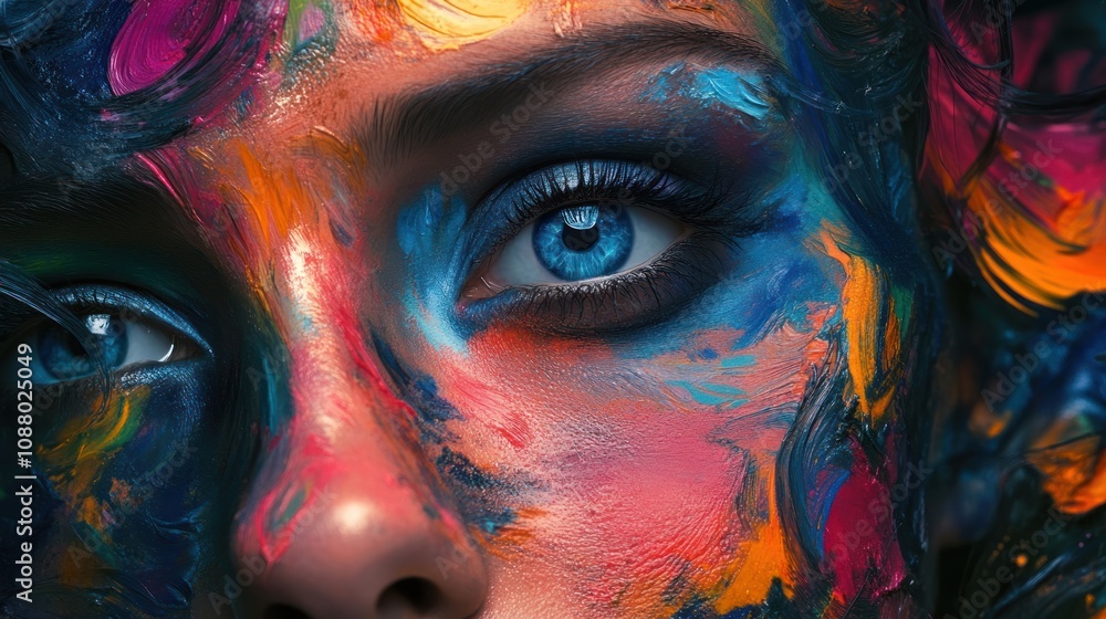Fototapeta premium Vibrant Abstract Face Paint Portrait: A Close-Up of Blue Eyes and Bold Color Palette