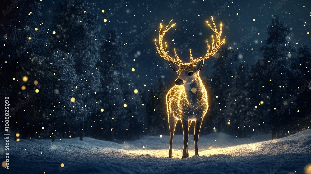 Magical Christmas Reindeer with Lights in Snowy Forest. Magical Christmas Reindeer with Lights in Snowy Forest.