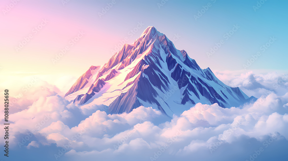 Snow covered mountain peak rises above clouds. Majestic Mountain Range. Illustration Snow covered mountain peak rises above clouds. Majestic Mountain Range. Illustration