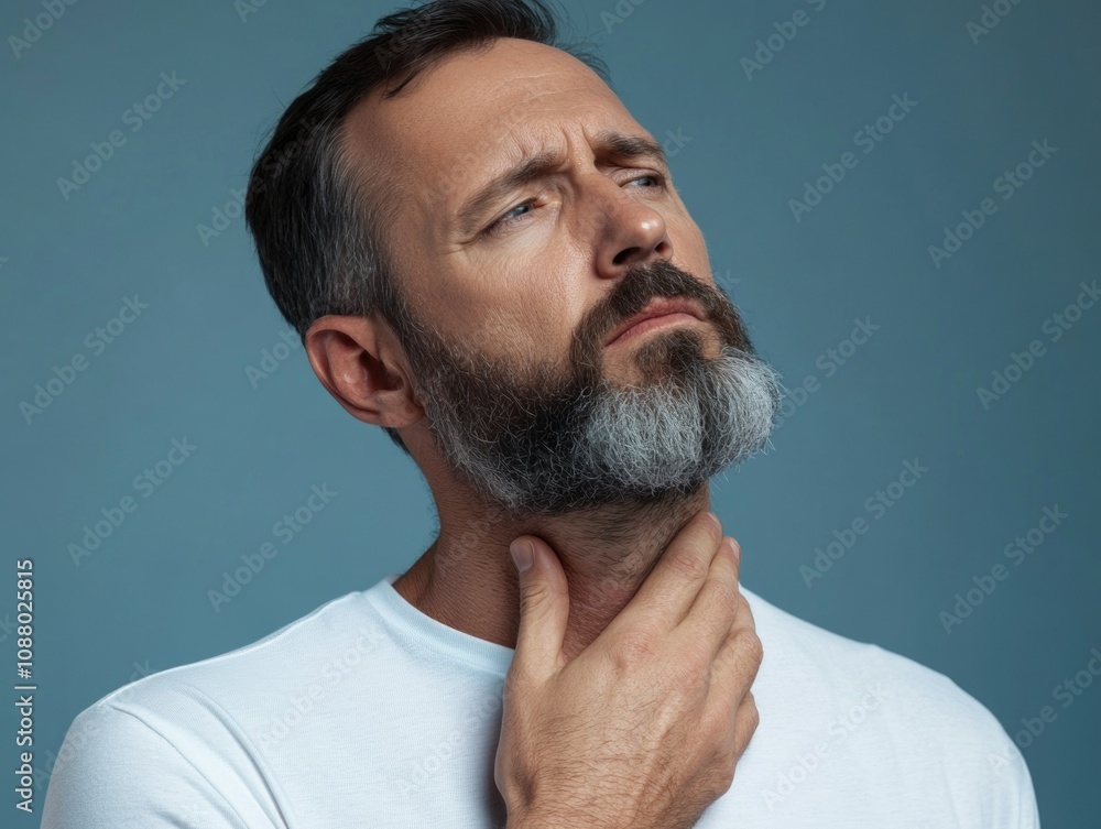 Obraz premium Bearded Man with Gray Hair, Scraggly Facial Hair and Short Beard in a White T-Shirt