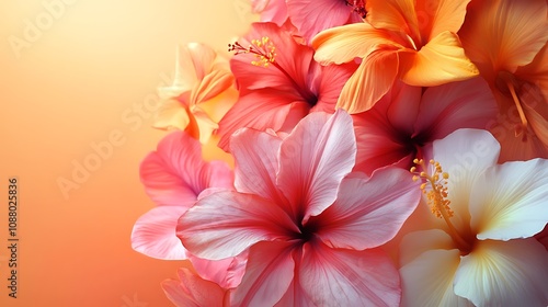 Bright tropical flowers in warm colors arranged on a soft gradient background 