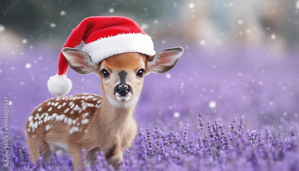 Baby Deer in Santa Hat on a Soft Lavender Background, Ultra-Crisp HD Quality Baby Deer in Santa Hat on a Soft Lavender Background, Ultra-Crisp HD Quality