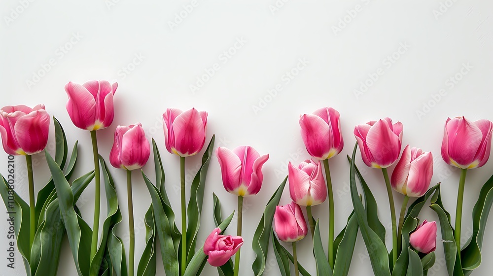A beautiful arrangement of pink tulips with green leaves on a white background, perfect for decoration or floral design. A beautiful arrangement of pink tulips with green leaves on a white background, perfect for decoration or floral design.