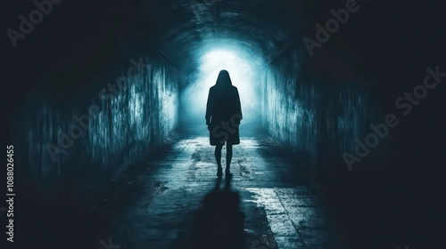 A shadowy figure walks down a dark tunnel towards a bright light at the end.