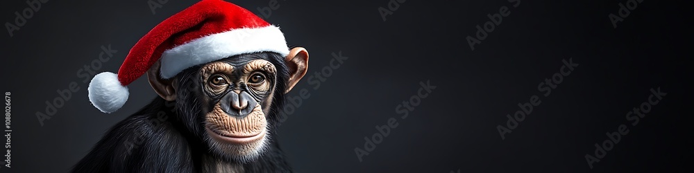 Chimpanzee with a Santa Hat on a Dark Gray Background, High-Definition Close-Up Chimpanzee with a Santa Hat on a Dark Gray Background, High-Definition Close-Up