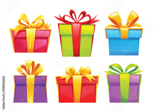 Set of gift boxes with bows in various colors, ideal for holiday themes. Vector cartoon illustration