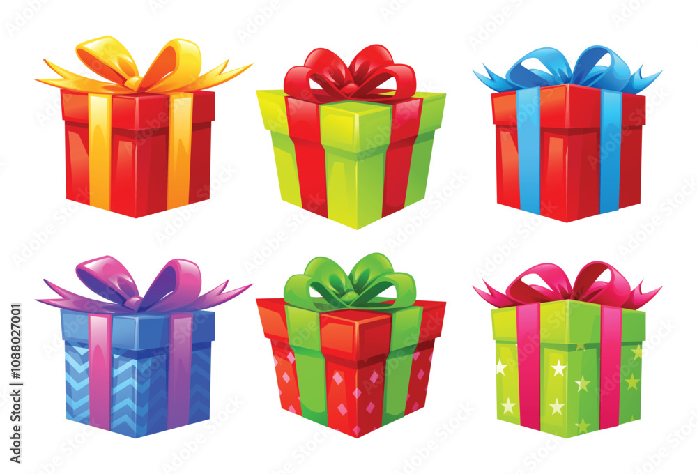 Set of colorful presents with bows and ribbons in various wrapping styles. Vector cartoon illustration Set of colorful presents with bows and ribbons in various wrapping styles. Vector cartoon illustration