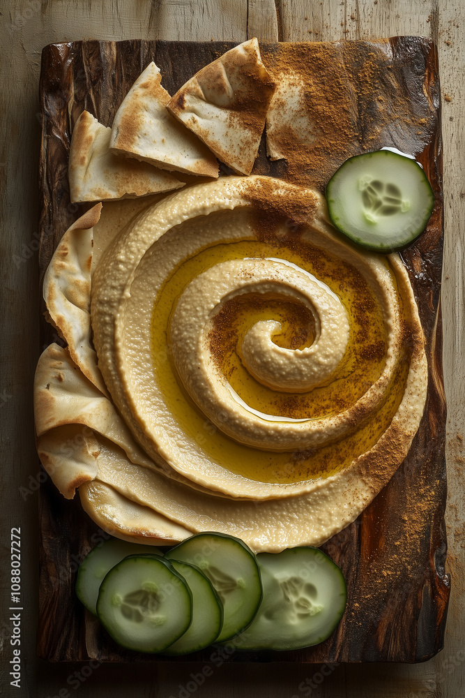 Creamy tahini hummus with olive oil and cucumber slices Creamy tahini hummus with olive oil and cucumber slices