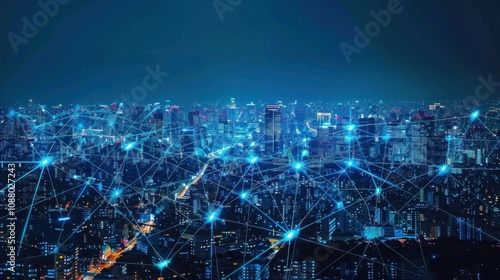 Cityscape at Night with Network Connections