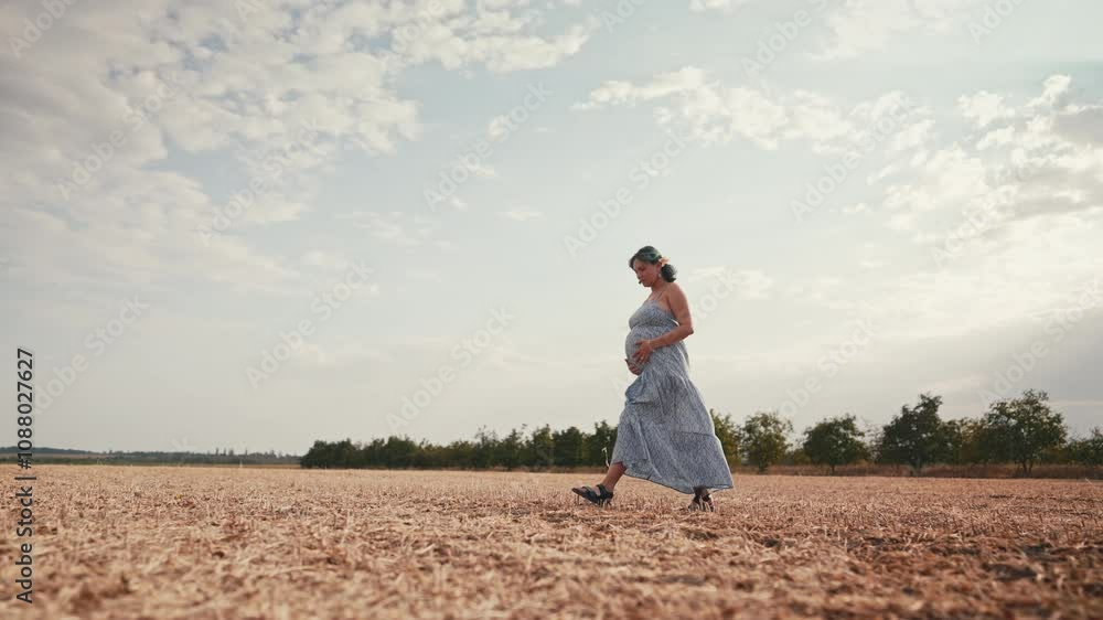 Feminine future mother expecting baby. Health pregnancy, happy motherhood. Pregnant woman in long dress walking alone on open field area, caressing belly. Feminine future mother expecting baby. Health pregnancy, happy motherhood. Pregnant woman in long dress walking alone on open field area, caressing belly.