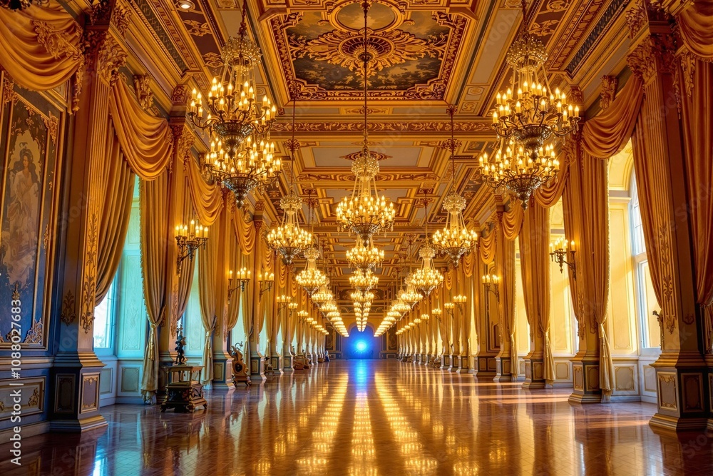 Fototapeta premium Opulent Hallway with Chandeliers and Golden Drapery in Historic Palace