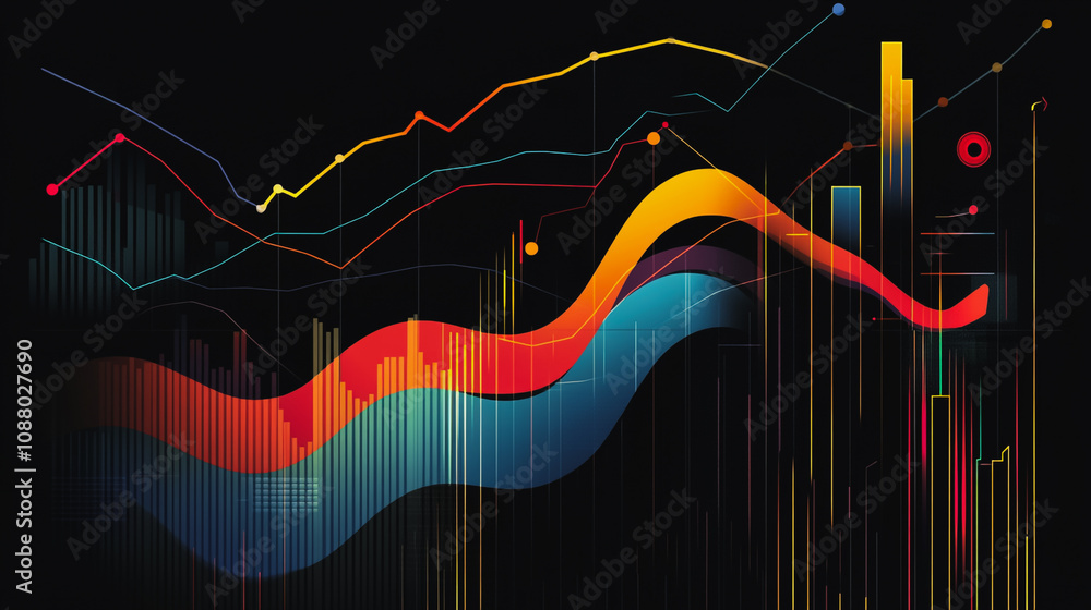 Abstract black background with Colorful charts and graphs with statistics to innovative analyze business potential and forecast future development of companies growth. Abstract black background with Colorful charts and graphs with statistics to innovative analyze business potential and forecast future development of companies growth.