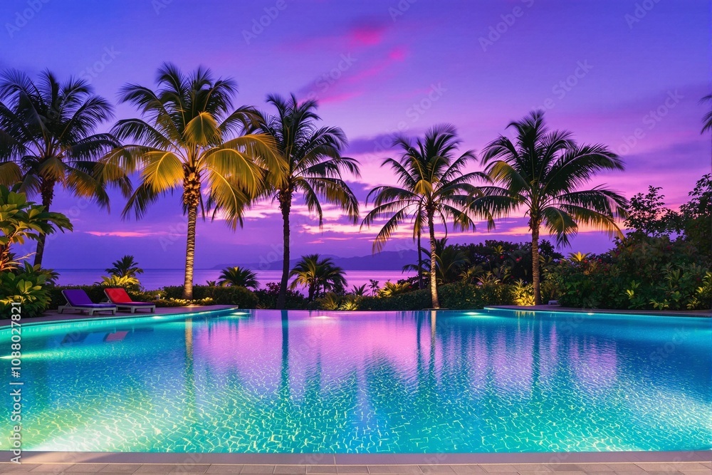 Tropical Sunset Pool Scene with Vibrant Colors and Palm Trees Tropical Sunset Pool Scene with Vibrant Colors and Palm Trees
