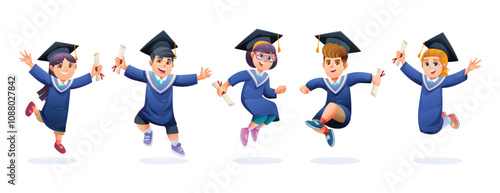 Five kids in graduation gowns and caps, holding diplomas and jumping with excitement. Vector cartoon illustration