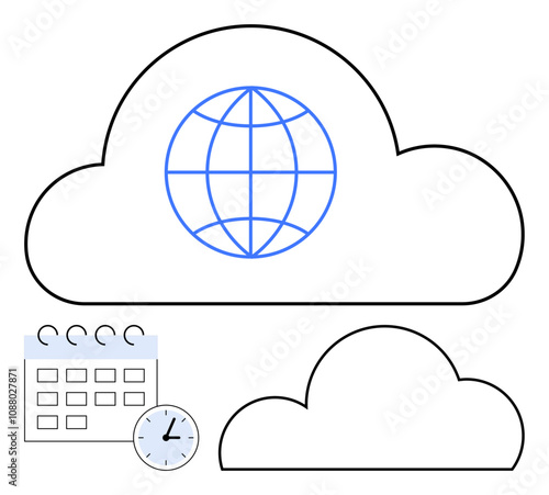 Cloud with globe representing internet storage, smaller cloud, calendar, and clock. Ideal for digital data management, global reach, time management, productivity, scheduling planning cloud