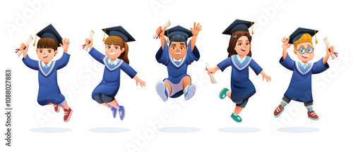 Five kids in graduation gowns and caps, holding diplomas and jumping with excitement. Vector cartoon character illustration