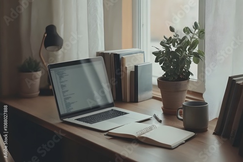 Books and laptop on office table with coffee. photo