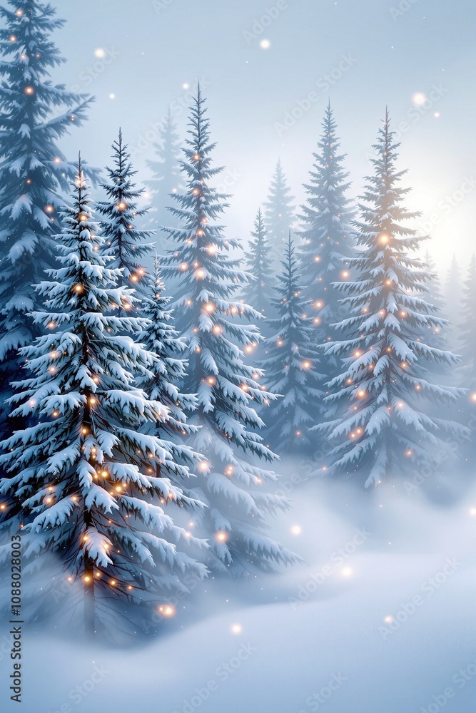 Fototapeta premium Magical Winter Wonderland with Snow-Covered Pine Trees and Soft Glowing Lights