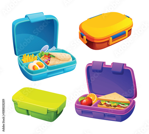 Set of closed and open lunch boxes with sandwiches, fruits, and healthy meals in compartments. Vector cartoon illustration