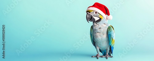 Parrot with Red Christmas Hat on a Pale Blue Background, Photorealistic Detail in HD photo