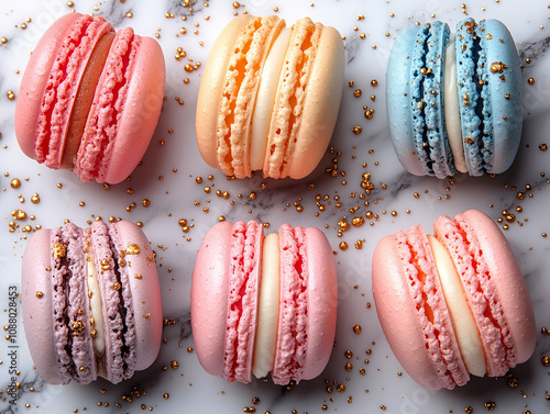 A minimalist composition with a trendy dessert: pastel-colored French macarons on a marble background with golden accents. photo