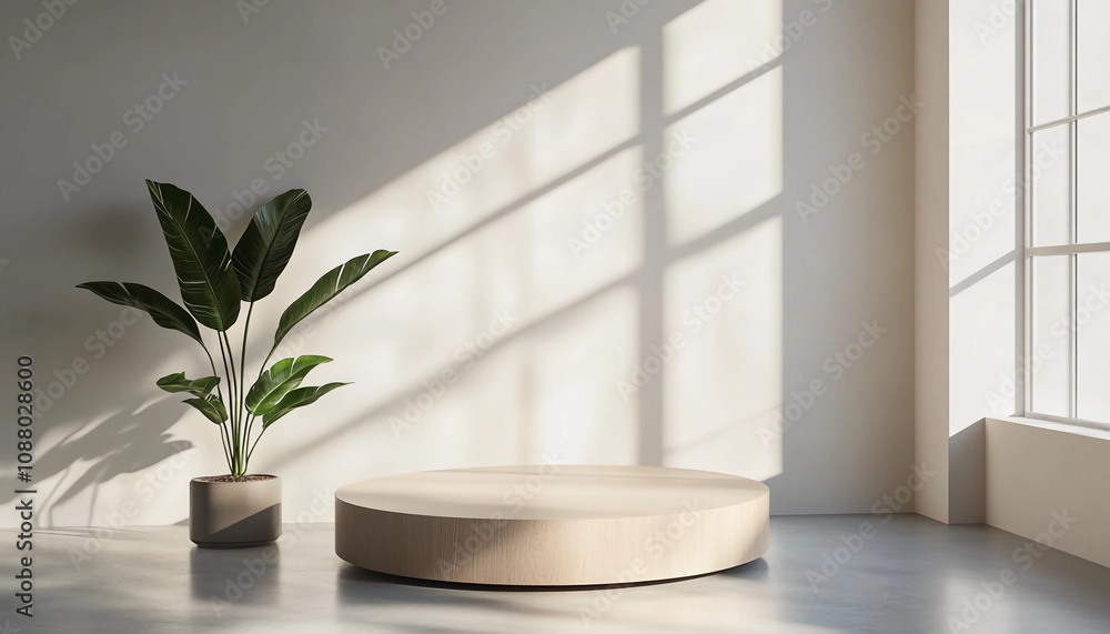 A large round table sits in front of a window with a potted plant on it A large round table sits in front of a window with a potted plant on it
