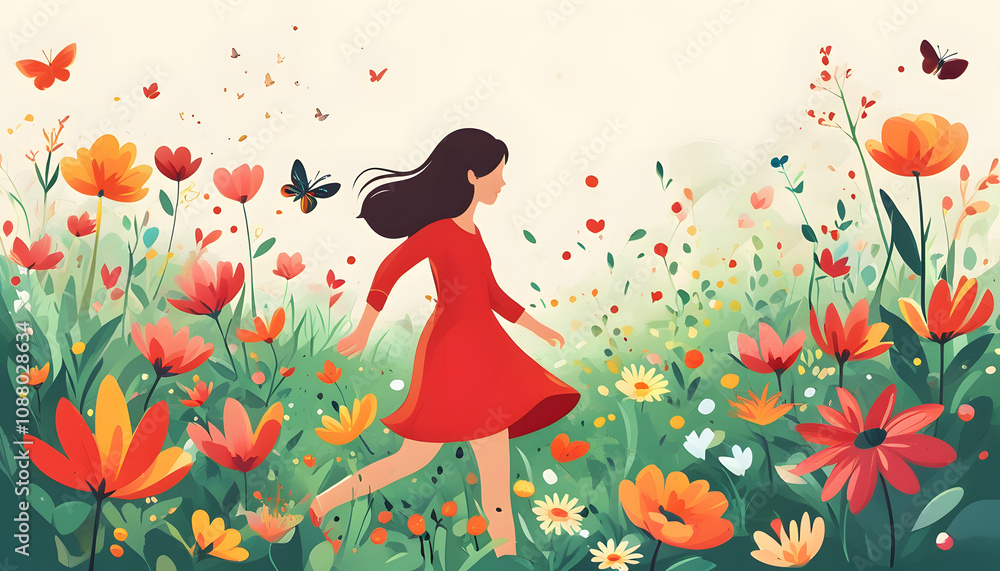 Woman walking through a field of flowers Woman walking through a field of flowers