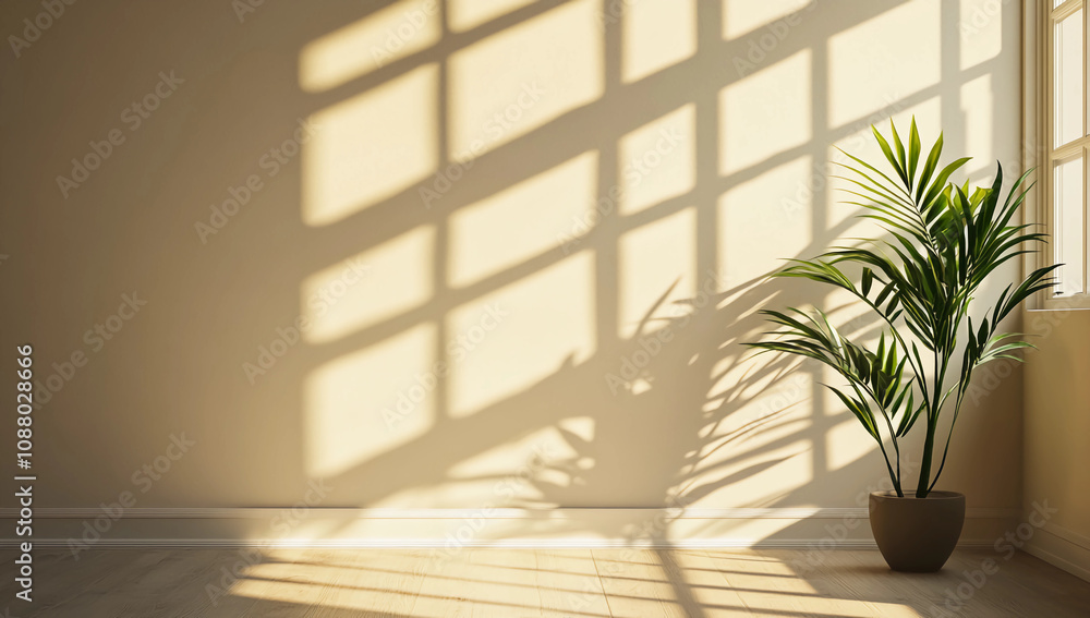 A large window in a room with a potted plant in front of it A large window in a room with a potted plant in front of it