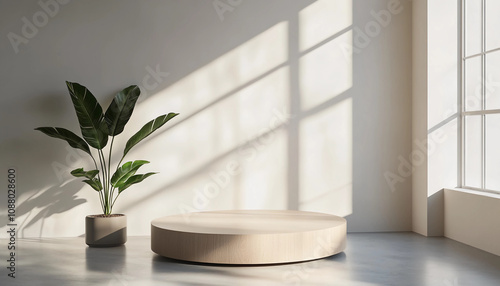 A large round table sits in front of a window with a potted plant on it