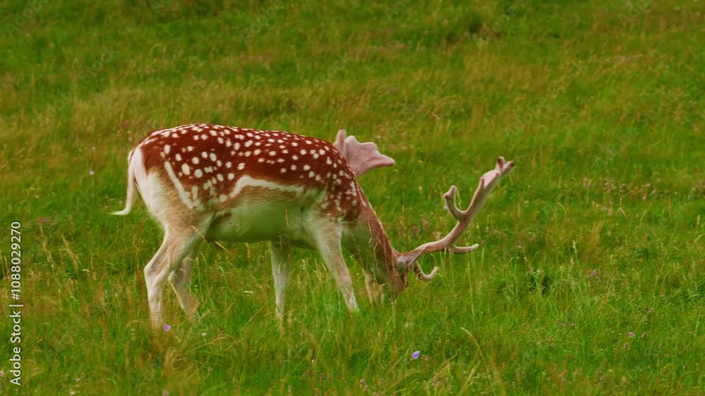 Graceful deer with big antlers in the wild. Wild animals walk in green meadows