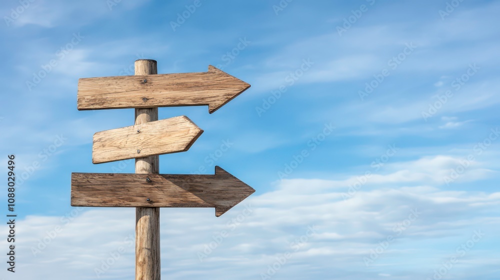 Three blank wooden arrow signs on a post against a blue sky. Three blank wooden arrow signs on a post against a blue sky.