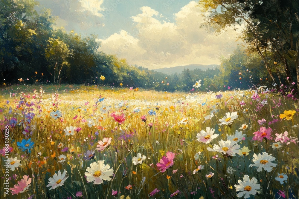 Fototapeta premium A vibrant field of wildflowers blooms under a bright blue sky, with a forest in the background.