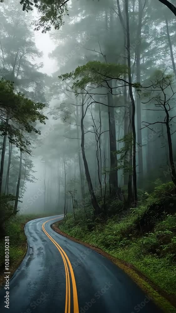 Quiet Forest Road Surrounded by Misty Trees and Fog, Ideal for Atmospheric 4K Video Quiet Forest Road Surrounded by Misty Trees and Fog, Ideal for Atmospheric 4K Video