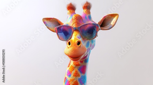 A giraffe wearing sunglasses on its head  Perfect for summer themed designs.

. photo