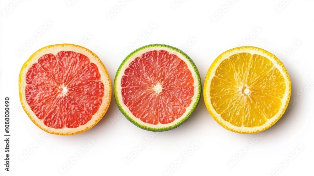 Vibrant slices of grapefruit, lime, and lemon display their colorful interiors against a neutral background, emphasizing freshness and flavor Vibrant slices of grapefruit, lime, and lemon display their colorful interiors against a neutral background, emphasizing freshness and flavor