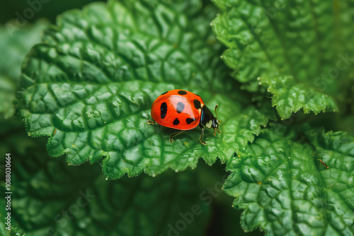 One lonely small red ladybug on leaf. Good luck charm.