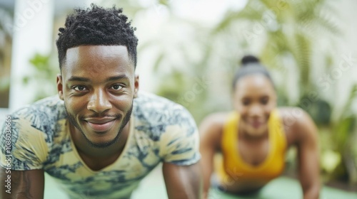 A young couple exercises together, smiling and enjoying an outdoor workout surrounded by lush greenery, showcasing fitness and teamwork.