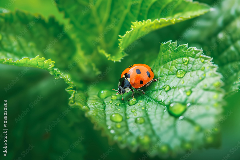 One lonely small red ladybug on leaf. Good luck charm. One lonely small red ladybug on leaf. Good luck charm.