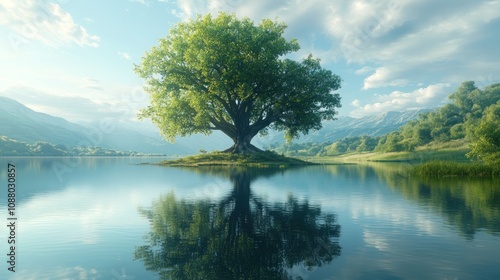 A lone tree stands on a small island in a calm lake, its reflection mirroring the beauty of the surrounding nature.