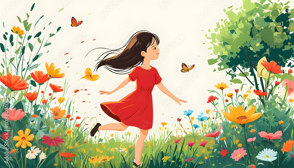 Little girl in a red dress running through a field of flowers Little girl in a red dress running through a field of flowers