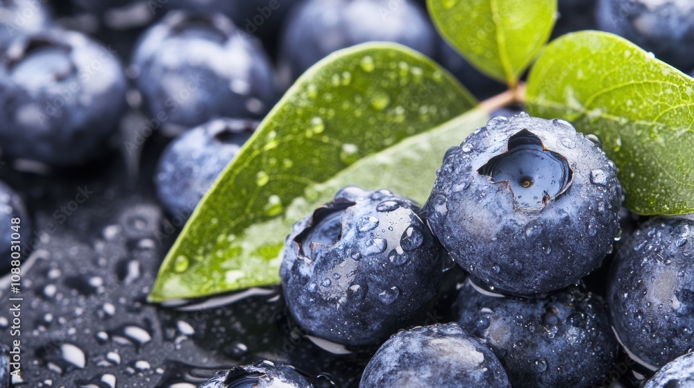 Fresh blueberries covered in water droplets rest on a dark surface, surrounded by vibrant green leaves under bright natural light Fresh blueberries covered in water droplets rest on a dark surface, surrounded by vibrant green leaves under bright natural light