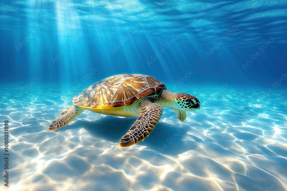 Obraz premium A green sea turtle swims through clear blue water with sunbeams shining through the surface.