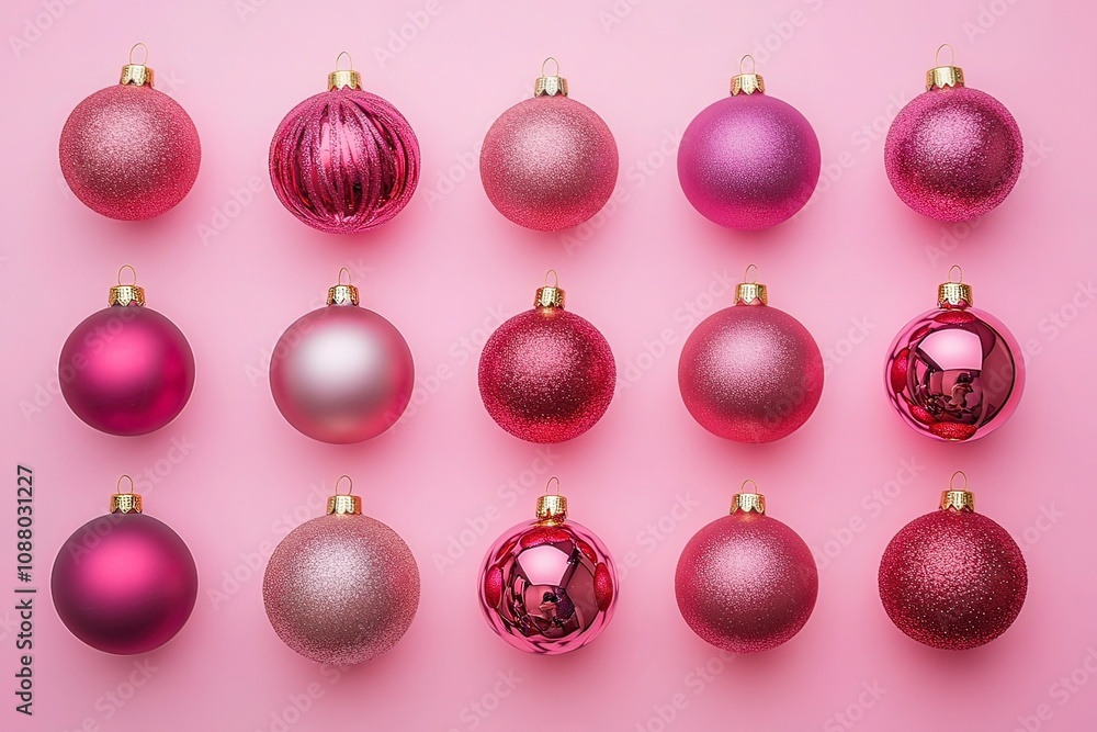 From above of decorative Christmas baubles arranged on pink background in studio for holiday celebration with generative ai From above of decorative Christmas baubles arranged on pink background in studio for holiday celebration with generative ai