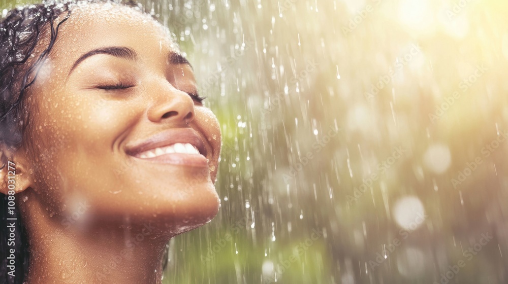 Fototapeta premium A joyful woman experiences a natural rain shower, smiling and feeling refreshed under the warm sunlight