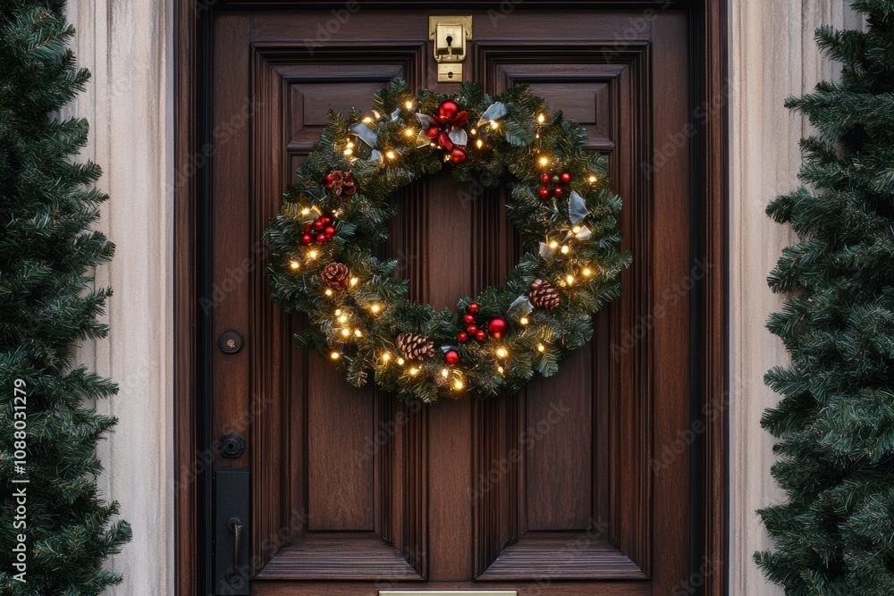 luxury christmas decor, opulent christmas wreath with silk ribbons and sparkling lights, elegantly hung on a sturdy walnut door luxury christmas decor, opulent christmas wreath with silk ribbons and sparkling lights, elegantly hung on a sturdy walnut door